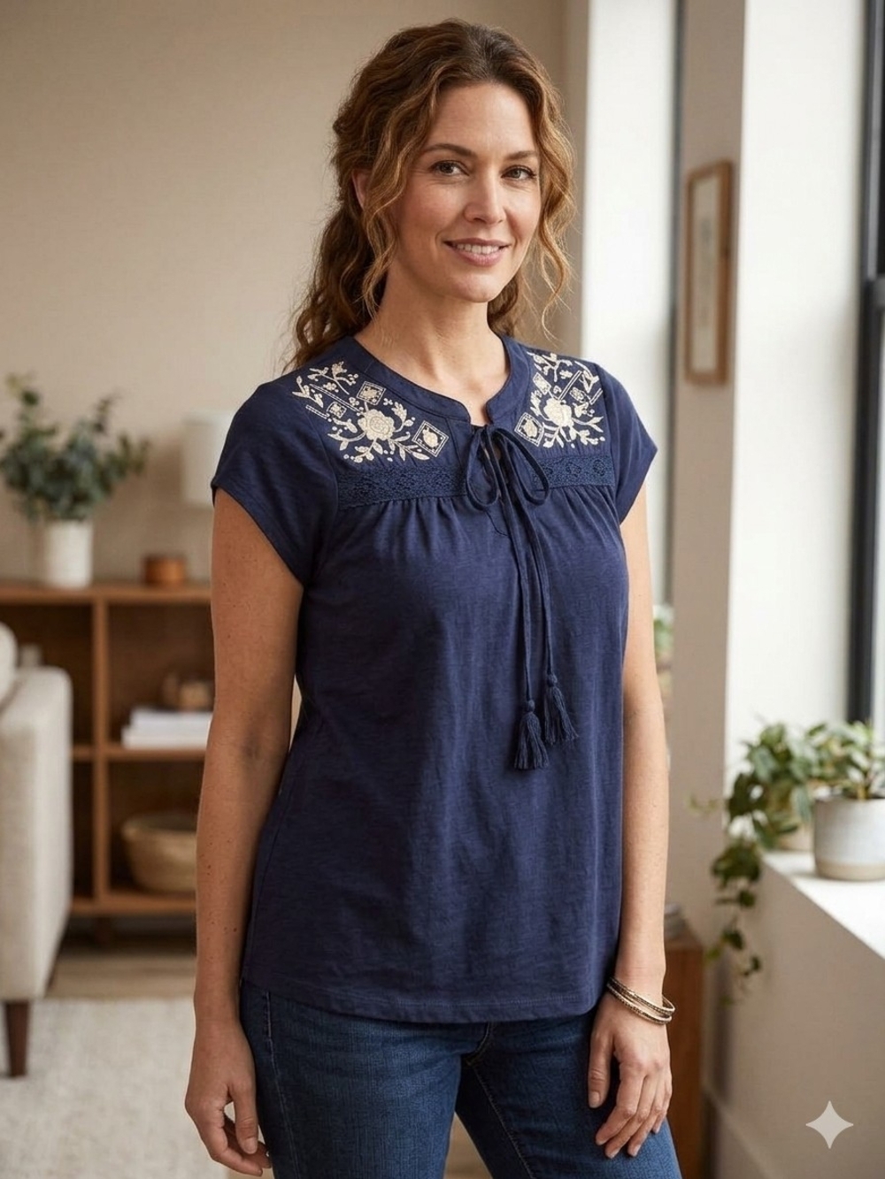 Embroidered Navy Tie-Neck Camisole Top
